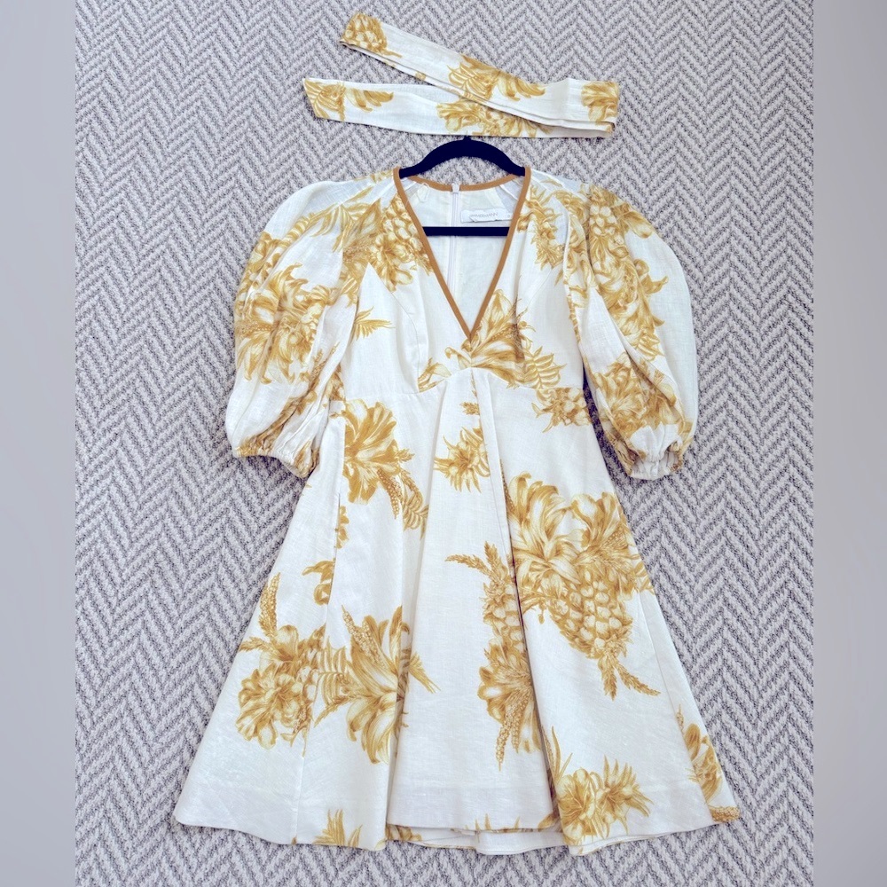 ZIMMERMAN Puff Sleeve Pineapple Print Dress with Matching Neck Tie